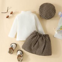 Baby Girl 3 Pieces Solid Color T-shirt & Plaid Skirts & Hat  White