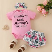 3-piece Baby Girl Letter Printed Short Sleeve Romper & Floral Printed Panty & Headwrap  Pink