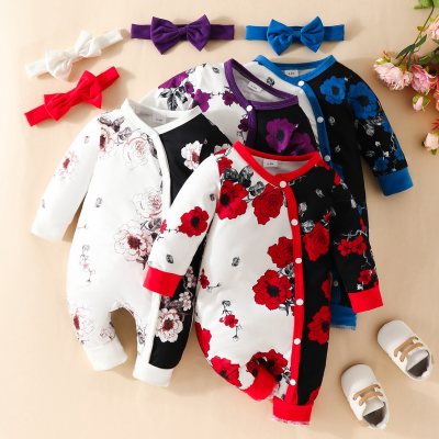 Baby Girl Floral Pattern Color-block Long-sleeve Long-leg Jumpsuit & Headband