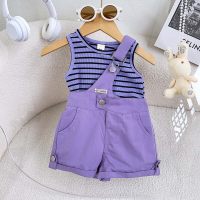 Girls suspender suit 2 summer new style short-sleeved vest little girl pants two-piece suit  Purple