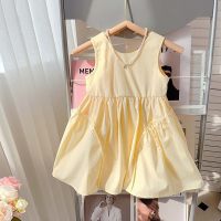 Girls Sleeveless Dress Summer New Children's Skirt Western Style Vest Dress Girls Princess Dress  Yellow