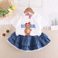 New style children's clothing for girls, cartoon bear short-sleeved T-shirt, lace denim skirt with hairpin  White