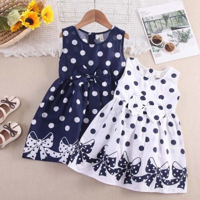 Toddler Girl Pure Cotton Polka Dotted Bowknot Printed Sleeveless Dress