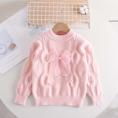 2-piece Toddler Girl Solid Color Bowknot Decor Textured Sweater