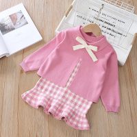 2-piece Toddler Girl Solid Color Bow Decorated Cardigan Sweater & Plaid Sleeveless Dress  Hot Pink