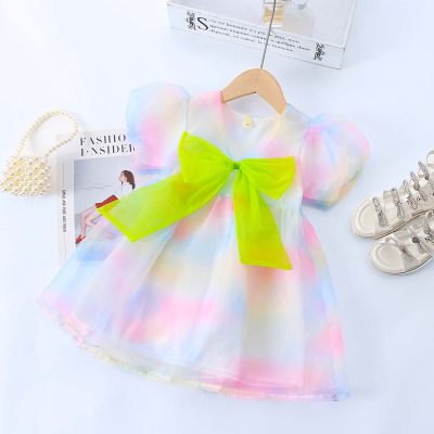 Toddler Rainbow Bowknot Decor Color-block Lace Mesh Puffy Sleeves Dress
