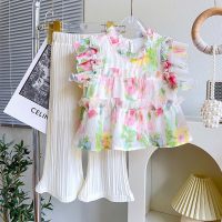 Girls summer suit floral shirt top sleeveless babydoll shirt stylish trousers two-piece suit  Apricot