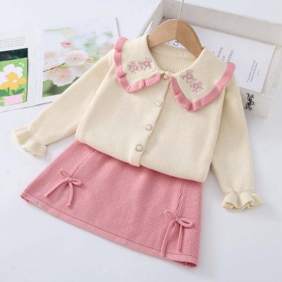 2-piece Toddler Girl Floral Embroidered Lapel Knitted Cardigan & Solid Color Bowknot Decor Skirt