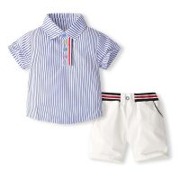 Children's summer new boys striped casual short-sleeved T-shirt elastic shorts suit  Blue