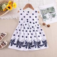 Toddler Girl Pure Cotton Polka Dotted Bowknot Printed Sleeveless Dress  White