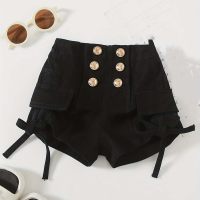 Einfarbige Denim-Shorts mit Knopfleiste für Kleinkinder und Mädchen  Schwarz