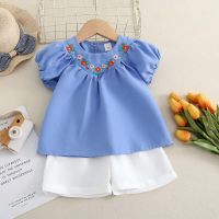2024 new summer girls' suit, cute embroidered short-sleeved babydoll shirt and shorts two-piece set  Blue