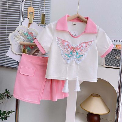 Girls suits summer new style little girl stylish short-sleeved pleated skirt two-piece suit