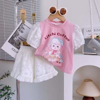 Girls short-sleeved suit summer new sweet and cute cartoon lamb T-shirt + shorts two-piece suit  Pink