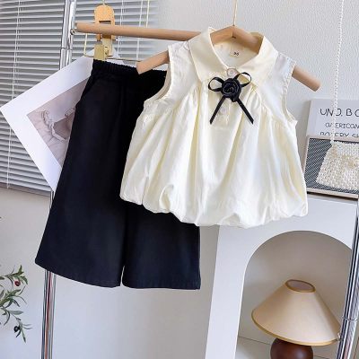 Girls French Chanel style suit summer new style flower bud sleeveless shirt two-piece suit with bow