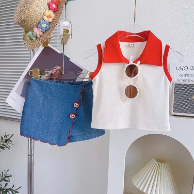 Girls suits summer new Korean version of the baby girl POLO collar sleeveless vest denim skirt pants two-piece suit