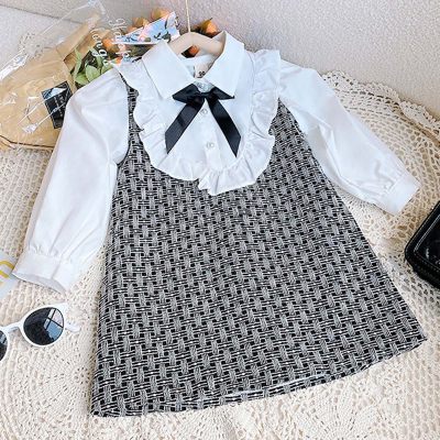Toddler Girl Pure Cotton Ruffled Patchwork Bowknot Decor Tweed Long Sleeve Dress