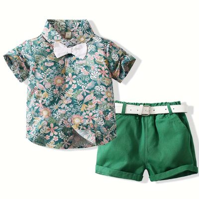 Summer flower short-sleeved European and American boy pastoral style shirt shorts two-piece casual suit