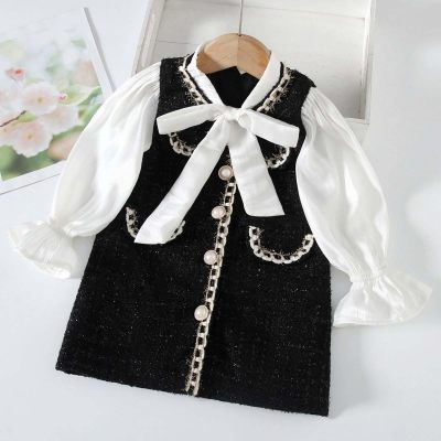 Toddler Girl 2 in1 Color-block Patchwork Bowknot Decor Bead Front Long Sleeve Dress