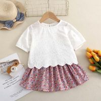 Summer New Children's Wear Girls Suit Fashion Korean Lace Hollow Out Jacket And Floral Skirt Two Sets  White