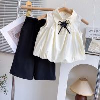 Girls French Chanel style suit summer new style flower bud sleeveless shirt two-piece suit with bow  Apricot