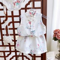 New girls retro stand collar button suit summer new floral two-piece suit  Apricot
