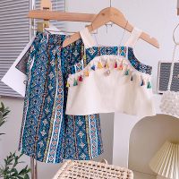 2024 new summer style girls' lace embroidered square collar doll shirt ethnic style two-piece suit  Blue