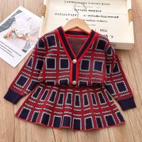 2-piece Toddler Girl Plaid Front Button V-neck Knit Cardigan & Matching Skirt  Red