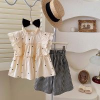 2024 new summer girls' suit lace sleeves polka dot top plaid wide leg pants two-piece set  Apricot