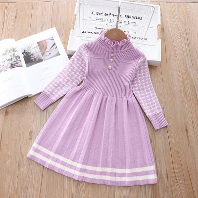 Toddler Girl Solid Color Ribbed Houndstooth Patchwork Button Front Mock Neck Long Sleeve Knitted Dress