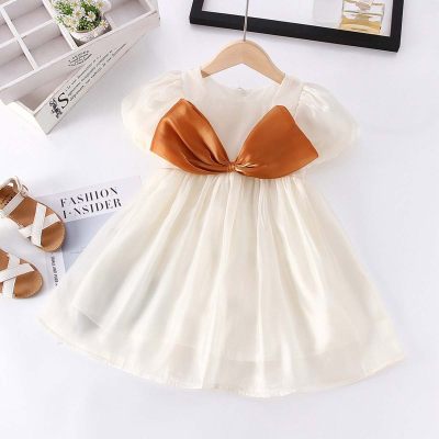 Toddler Girl Solid Color Bowknot Decor Short Puff Sleeve Dress