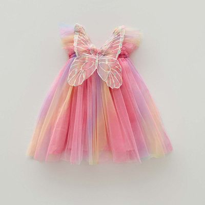 Vestido de malla con alas de arcoíris para niñas, vestido de princesa con mangas voladoras de estilo veraniego, falda tutú para bebé