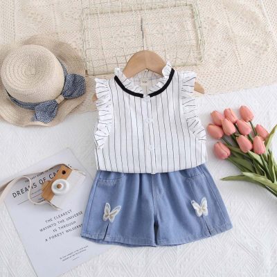 Summer Girls Striped Lotus Collar Flying Sleeve Button Shirt Butterfly Decoration Jeans Two-piece Set Girls Jeans Shorts Set