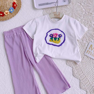 Novedad de verano para niñas, camiseta de manga corta con flores tridimensionales para bebés, traje con pantalones de pierna ancha de color sólido elegante