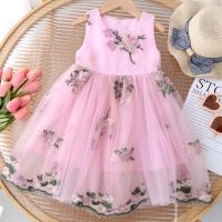 Toddler Girl Floral Embroidered Mesh Patchwork Sleeveless Dres  Pink