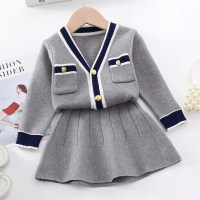 2-piece Toddler Girl Color-block Pocket Front Button Up V-neck Knitted Catdigan & Solid Color Skirt  Gray