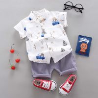 Summer thin infant and toddler set cartoon panda car short-sleeved shirt two-piece set  White