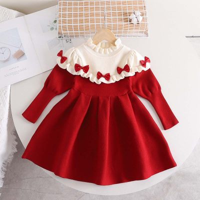 Toddler Girl Bow Ruffle Stitching Long Sweater Dress