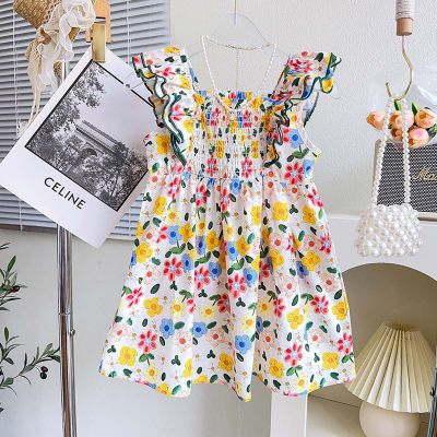 Girls summer dress with floral print, fashionable children's suspenders, sleeveless, flying sleeves, princess dress