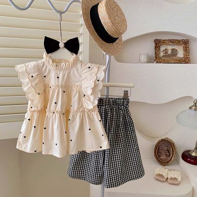 New summer girls suit lace sleeves polka dot top plaid wide-leg pants two-piece suit