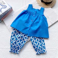 Abbigliamento per bambini estate nuova maglia senza maniche da ragazza + pantaloni casual set da due pezzi  Blu