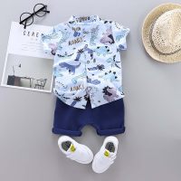Boy baby infant child suit shirt short-sleeved suit cartoon casual two-piece set  Light Blue