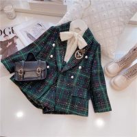 2-piece Toddler Girl Plaid Button Decor Blazer & Matching Shorts  Green