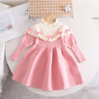 Toddler Girl Bow Ruffle Stitching Long Sweater Dress  Pink
