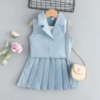 Girls' suspender top + vest jacket + skirt three-piece suit Girls' fashionable pleated skirt suit  Light Blue