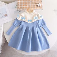 Toddler Girl Bow Ruffle Stitching Long Sweater Dress  Light Blue