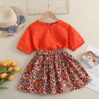 Summer New Children's Wear Girls Suit Fashion Korean Lace Hollow Out Jacket And Floral Skirt Two Sets  Orange