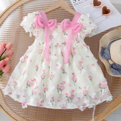 Toddler Girl Allover Floral Print Mesh Patchwork Bowknot Decor Robe à manches courtes