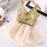 New summer children's clothing fashion girls camisole top with mesh skirt two-piece set  Champagne