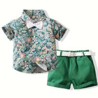 Summer flower short-sleeved European and American boy pastoral style shirt shorts two-piece casual suit  Green